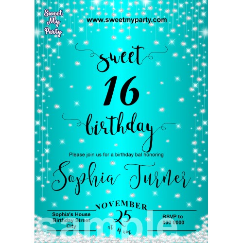 Turquoise Diamonds Sweet 16 Invitations,Turquoise Sparkle Diamonds Quinceanera Invitations,(015swee)